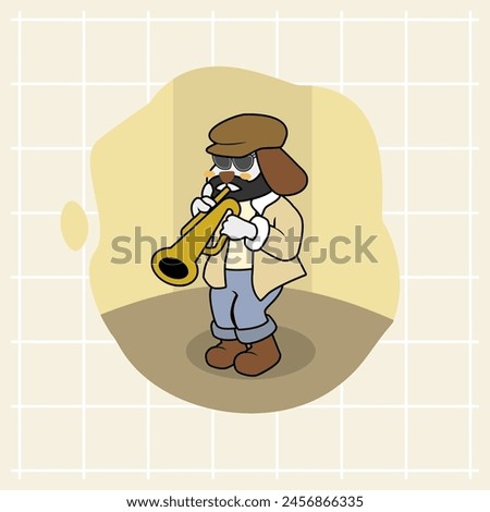 cute white dog cartoon playing a trumpet on the side of the road being a street musician in classic retro style