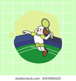 Cute white dog cartoon soars high to smash in badminton match