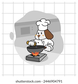 Cute white dog cartoon working as chef in white kitchen cooking and sprinkling secret spices