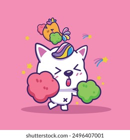 Cute white dog and chicken celebrating