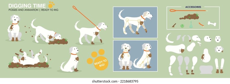 Cute white dog digging, playing making a mess. Vector character broken down ready to animate, multiple poses ready to rig. additional angles and assets to complete the set. messy puppy playing in the 