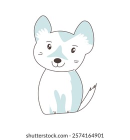 Cute white dog in flat design. Adorable domestic pet sitting and smiling. Vector illustration isolated.