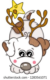 Cute white dog with horns of reindeer and star
