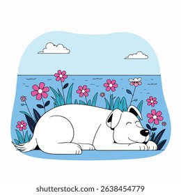 A cute white dog peacefully sleeps among pink flowers and blue grass under a light blue sky with clouds. Serene and charming illustration.
