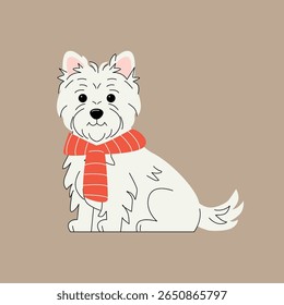 Cute white dog in a red striped scarf sitting on a beige background. Cozy winter illustration in flat cartoon style. Perfect for holiday cards, pet themed designs, and seasonal decor. Vector