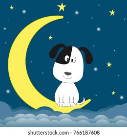 Cute white dog sitting on the moon. Graphics for t-shirts. Greeting card. Vector illustration.