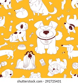 Cute White Dogs on a yellow background. Seamless pattern background in outline style.