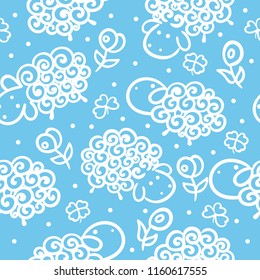 Cute white doodle lambs on a blue background seamless vector pattern