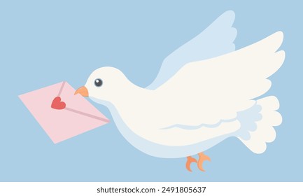 Cute White Dove Flying With Pink Love Letter In Its Beak, Vector Illustration, Cartoon Style