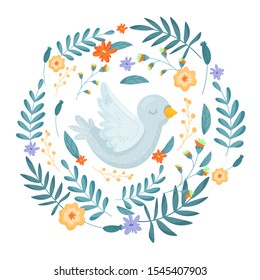 Cute White Dove Symbol Surrounded By Floral Frame Illustration