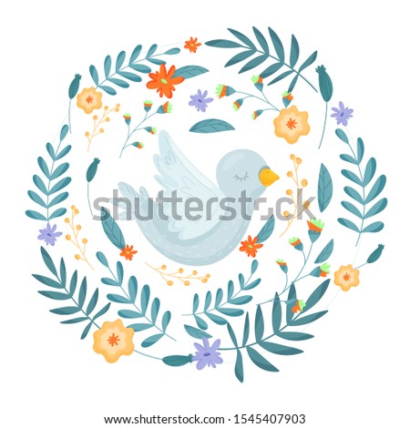 Cute White Dove Symbol Surrounded By Floral Frame Illustration