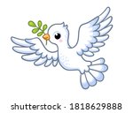 Cute white dove with a twig in its beak flies on a white background. Vector illustration with a bird in cartoon style.