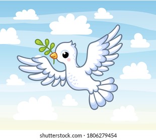 Cute white dove with a twig in its beak flies across the sky among the clouds. Vector illustration with a pigeon bird in cartoon style.
