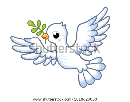 Cute white dove with a twig in its beak flies on a white background. Vector illustration with a bird in cartoon style.