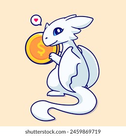 Cute White Dragon Holding Gold Coin Cartoon Vector Icon Illustration. Animal Finance Icon Concept Isolated Premium Vector. Flat Cartoon Style