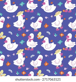 Cute White Duck Hand Drawn Seamless Pattern on Purple Background for Kids Clothing and Nursery Fabric