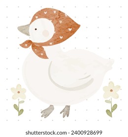 Cute white duck with hats in watercolor style