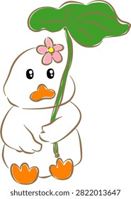 Cute white duck holding green lotus leaf umbrella vector