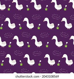 Cute el pato blanco sobre fondo morado oscuro con la palabra "estoy feliz", perfecta ilustración vectorial de patrón.