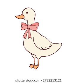 Pato branco bonito com um arco rosa isolado no fundo branco para impressões de berçário, decoração de vestuário infantil, cartões, cartazes, banners, adesivos, etc. EPS 10