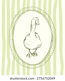 Cute white duck for retro posters, cards, prints, banners, invitation templates, greeting card, wrapping paper. Goose illustration, poster. Hand drawn goose sketch. Easter theme.