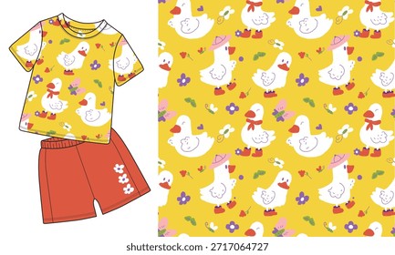 Cute White Duck Seamless Pattern on Yellow Background for Kids Clothing and Nursery Fabric