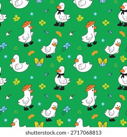 Cute White Duck Seamless Pattern on Green Background for Kids Clothing and Nursery Fabric