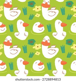 Cute White Duck Seamless Pattern on Green Background