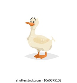 Cute white duck stay. Funny cartoon duckling character. Farm animal illustration for child education. Vector picture isolated on white background.