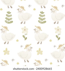 Cute white ducks with hats and ribbons in watercolor style pattern