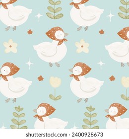 Cute white ducks with hats and ribbons in watercolor style pattern