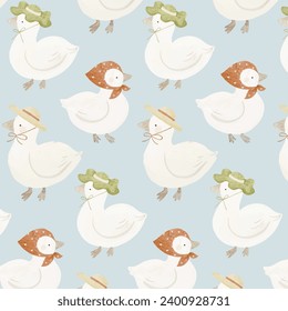 Cute white ducks with hats and ribbons in watercolor style pattern