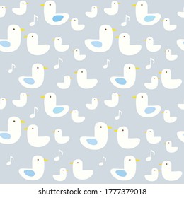Cute white ducks seamless pattern design with music notes on blue background. Perfect for fabric, textile, kids fashion. Surface pattern design.