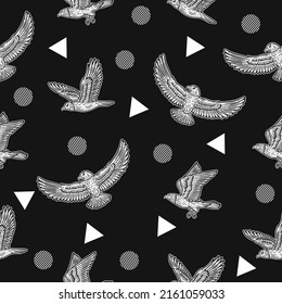 cute white eagle bird animal seamless white object pattern wallpaper with design dark black background.