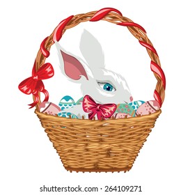 Cute white Easter bunny in basket with red bow.