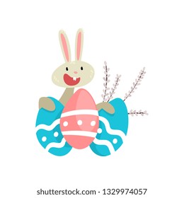 Cute White Easter Bunny with Colorful Eggs, Funny Rabbit Cartoon Character with Willow Twigs Vector Illustration