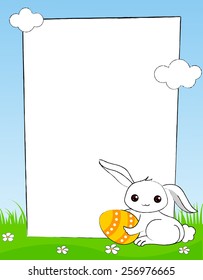 Cute white easter bunny with colorful easter egg frame / border