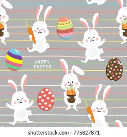 Cute white easter bunny with egg seamless pattern. Rabbit vector on stripe background
