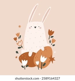 Cute white Easter bunny with Easter eggs and flowers in soft natural tones. Hand-drawn vector illustration, perfect for greeting cards, holiday decor, nursery prints, packaging, and spring designs.