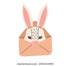 Cute white Easter bunny in envelope. Happy Easter. Spring holiday. Vector illustration in flat hand drawn style