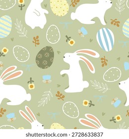 Bonito coelho de Páscoa branco, flores e plantas, ovos e corações no fundo verde pastel. Ilustração da Páscoa vetorial com animais e ovos.