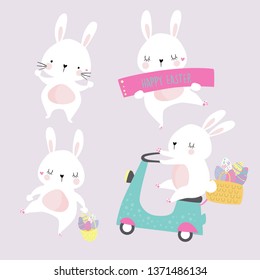 Cute and white easter bunny for greeting cards. Set with 4 rabbits.