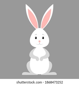 Cute white Easter Bunny or hare. Vector stock flat illustration isolated on a gray background.