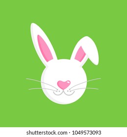 Cute White Easter Bunny Head With Ears, Muzzle And Whiskers, Vector Graphic Illustration Isolated On Green Background.