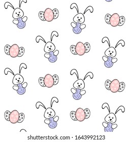 Cute white Easter Bunny holding an egg. Three Easter eggs decorated with flowers. Vector seamless pattern, design template for holiday wrapping paper, banner, packaging, wrapper and Easter design