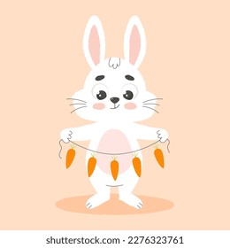 Cute white easter bunny holds garland carrots. Cartoon vector illustration.