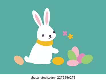süßer weißer Osterhase neben bunten Eiern, Blumen, Pastellfarben, grüner Hintergrund, minimalistisch, flaches Design, Vektorgrafik