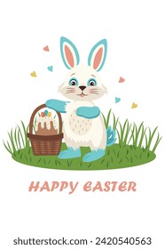 A cute white Easter bunny, on a green meadow, holds a basket with eggs and Easter cake, around hearts of different colors. Happy Easter lettering. Flat cartoon character for Happy Easter greeting card