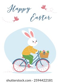 Cute white Easter bunny on a bicycle. In a yellow sweater and green pants. Eggs in a basket. Inscription happy easter. Vector illustration for greeting card, poster