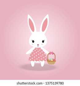 Cute white Easter bunny rabbit in pink dress hloding the basket of colorful Easter egg on pink background, Vector illustration